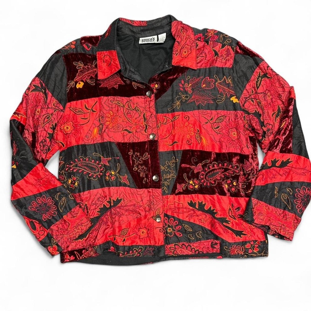 Vintage Chicos Design Jacket Size 2 Red Black Silk Velvet Patchwork Embroidered